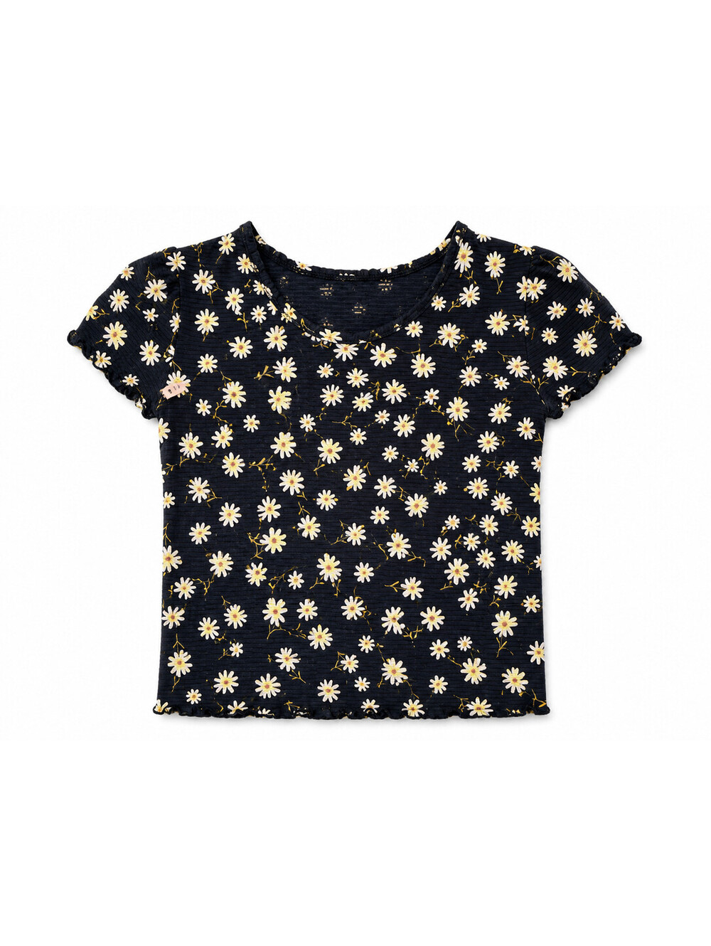 SO Black Floral Daisy Ribbed Knit Short Sleeve Lettuce Hem Top Size XS